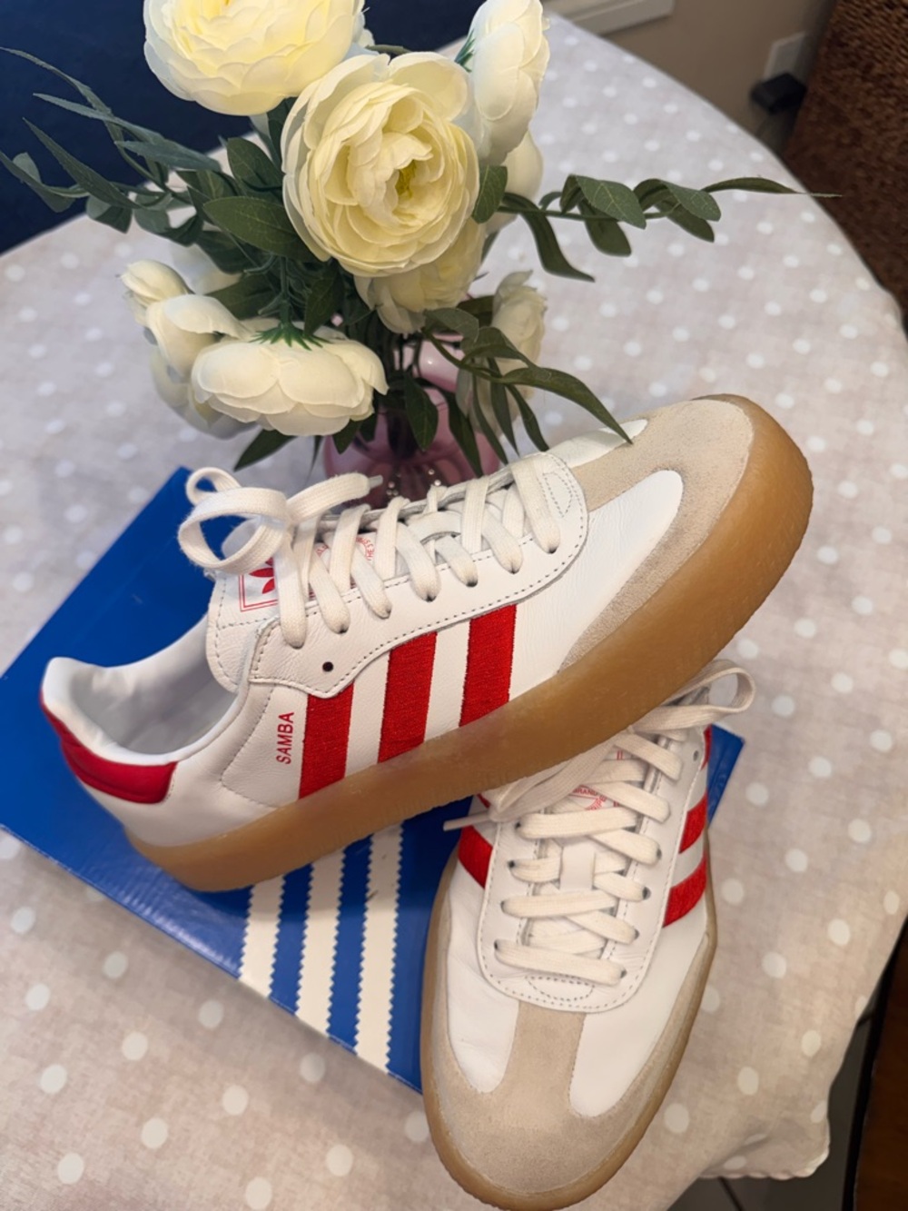 adidas Samba Sneakers White with Red Stripes and Gum Sole